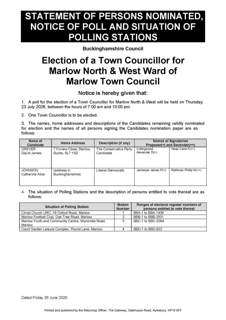 2025.07.23 Marlow North & West Ward, Marlow Town Council, Statement of Persons Nominated, Notice of Poll & Situation of Polling Stations